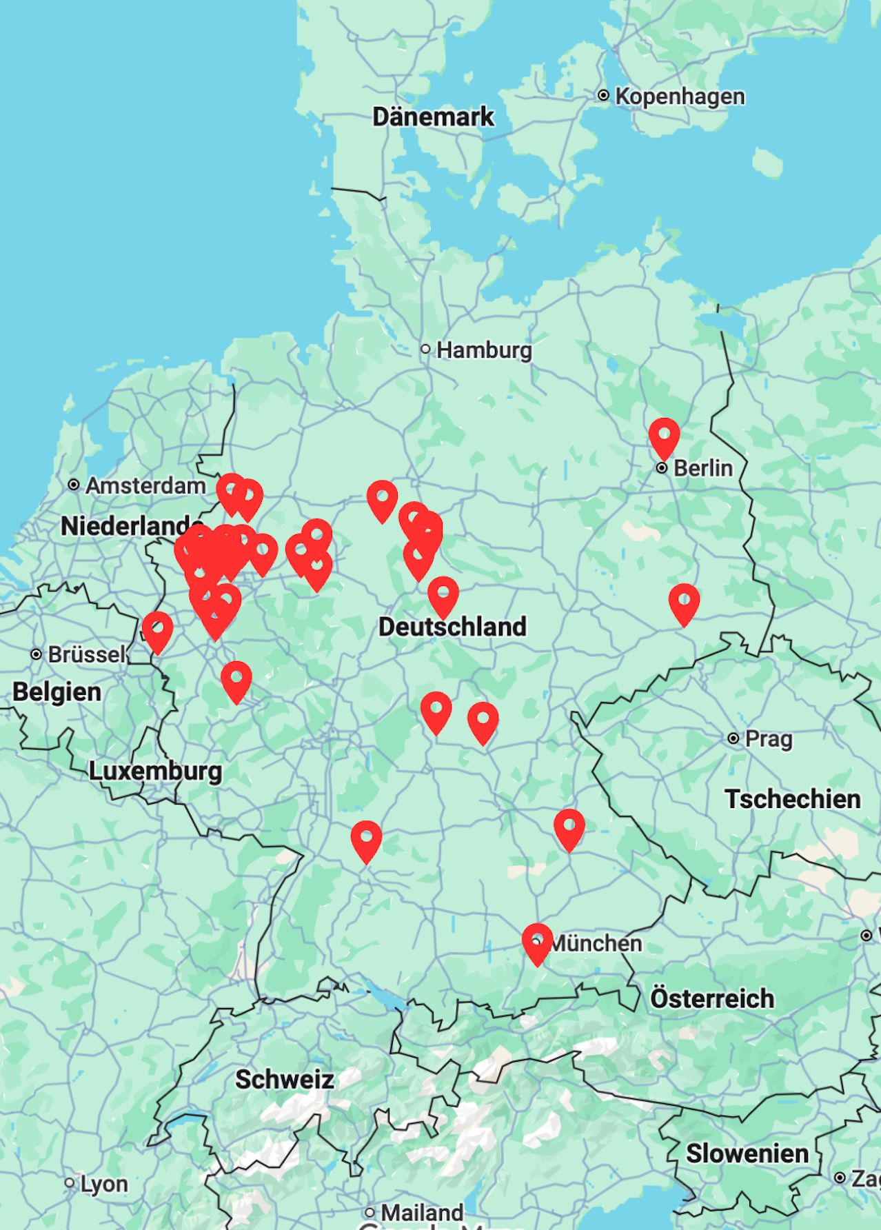 Deutschland Karte mit Pinnadeln, welche die Standorte von Ingwershot in Geschäften darstellen